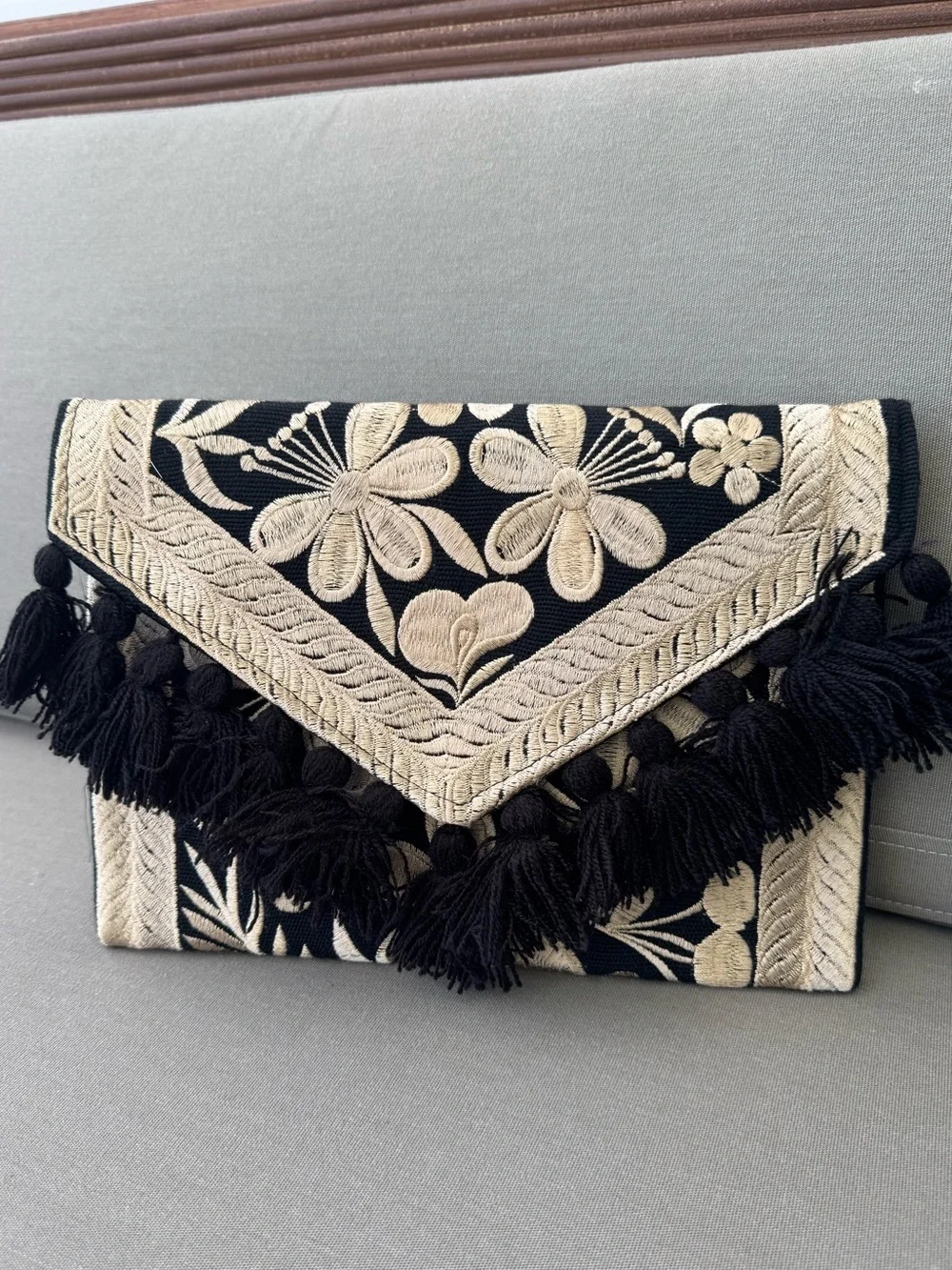 Handmade Mexican Embroidered Clutch Purse | Black & Ivory Tassel Crossbody - Picture 3 of 9